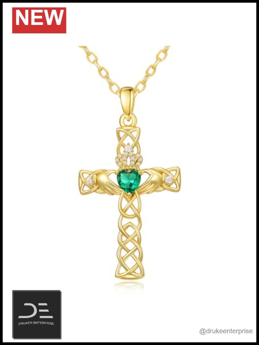 14K Gold-Toned Celtic Cross Pendant Necklace Claddagh CZ